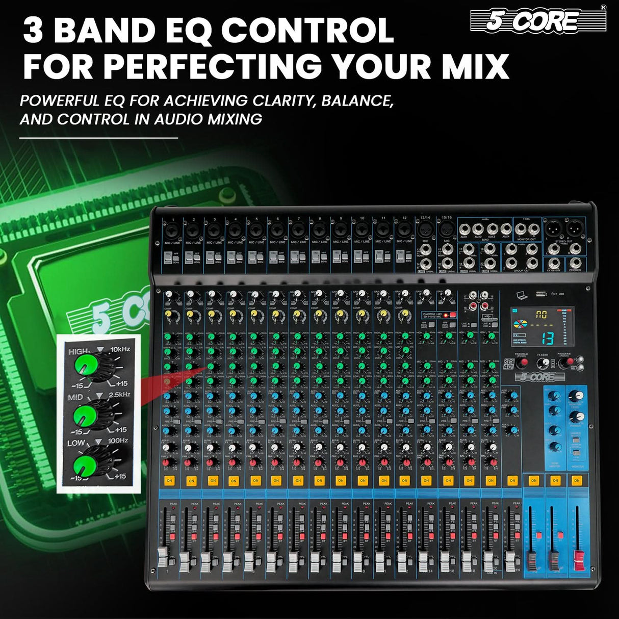 5 Core Audio Mixer 20 Channel DJ Soundboard USB Interface Bluetooth Mixing Console w 24 SPX Effect