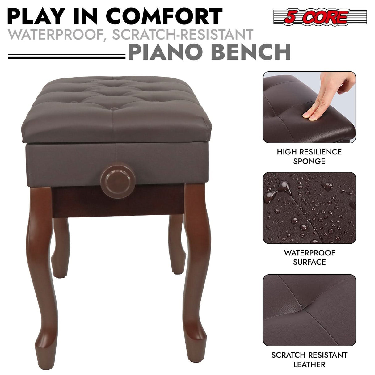 5 Core Piano Bench 3" Padded Cushioned Stool Wooden Heavy Duty Adjustable Musician Chair w Storage