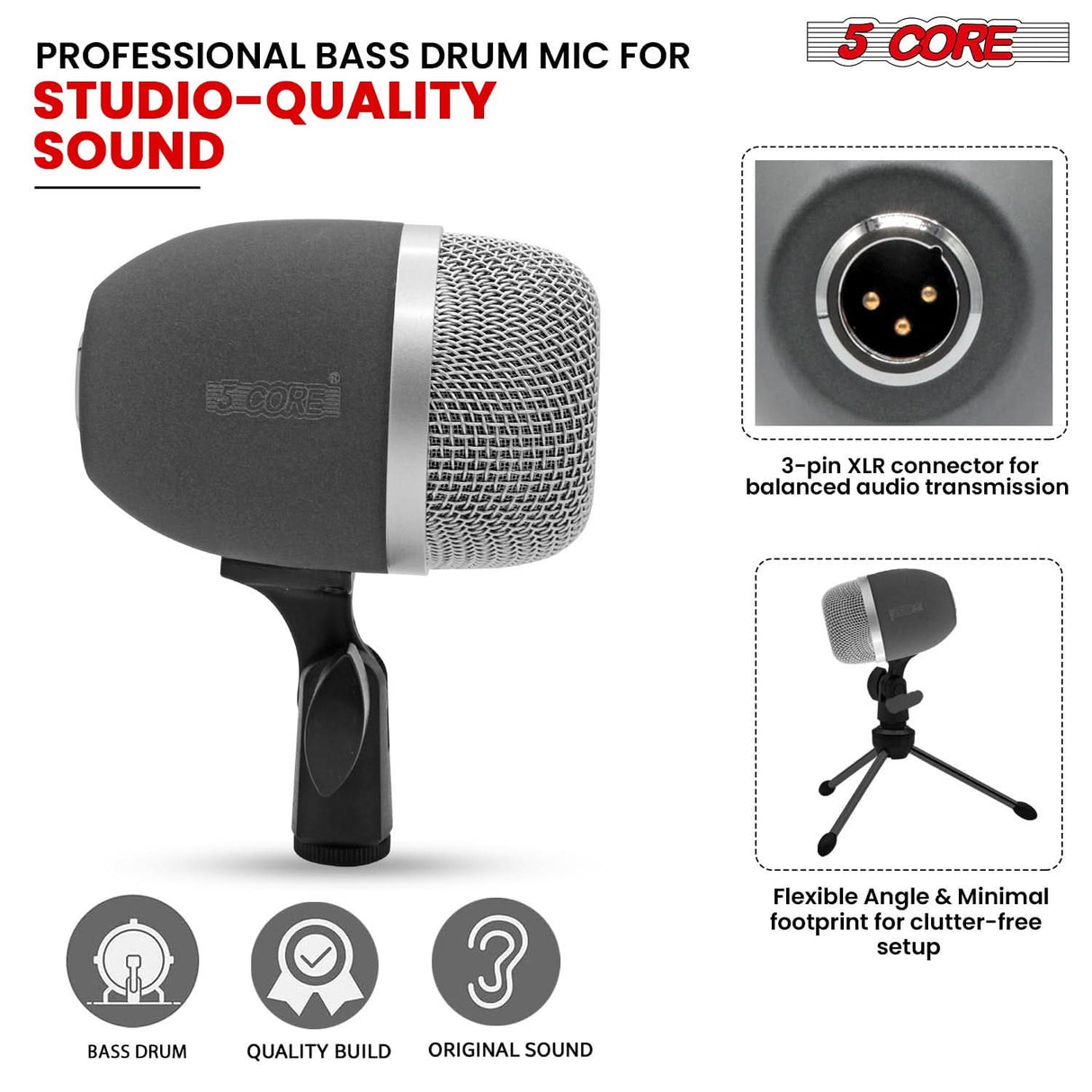 5 Core Kick Drum Microphone Cardioid Dynamic Bass Mic Swivel Adjustable Durable Steel Mesh Grille