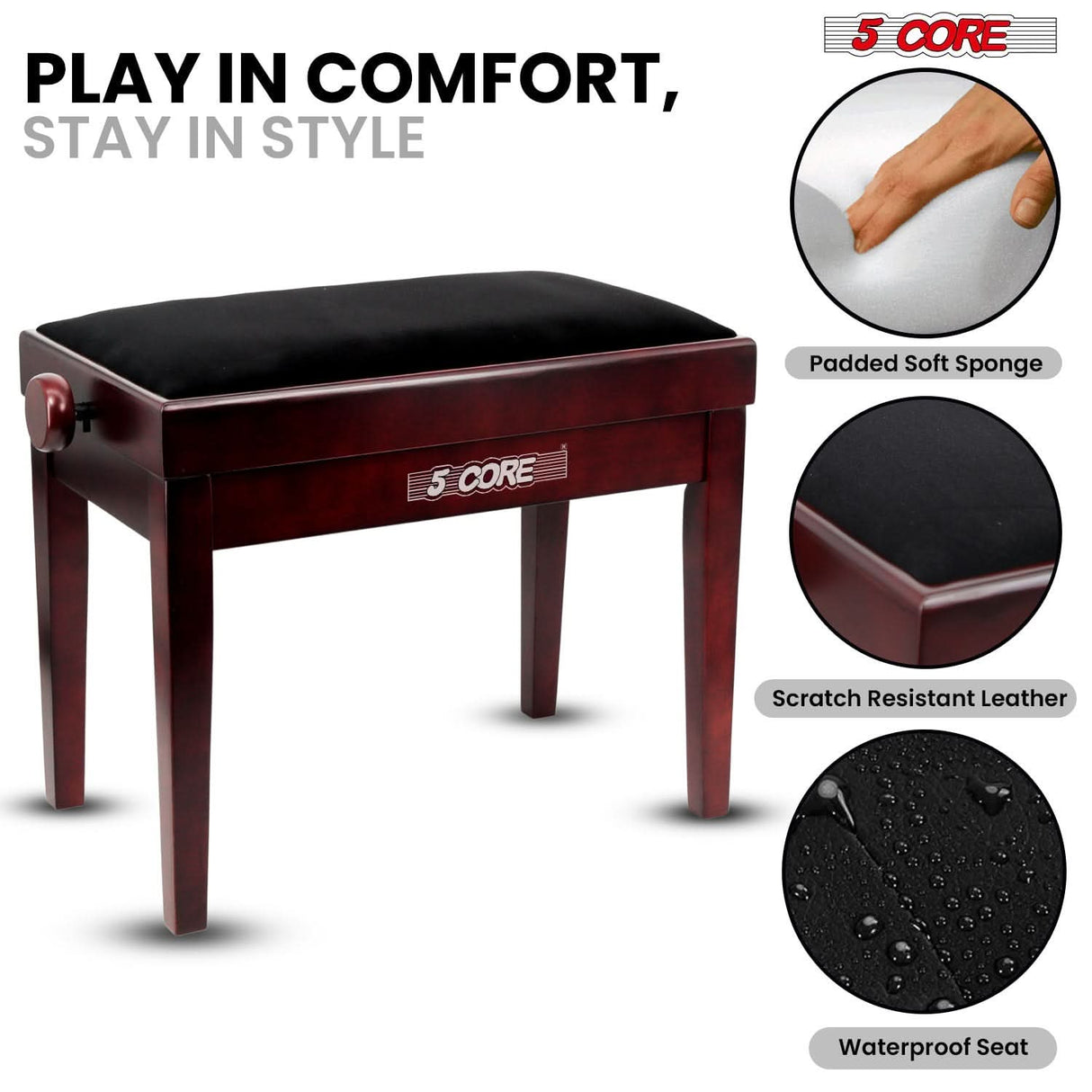 5 Core Adjustable Piano Bench Thick 3.25" Solid Wood Keyboard Stool Heavy Duty Musician Chair