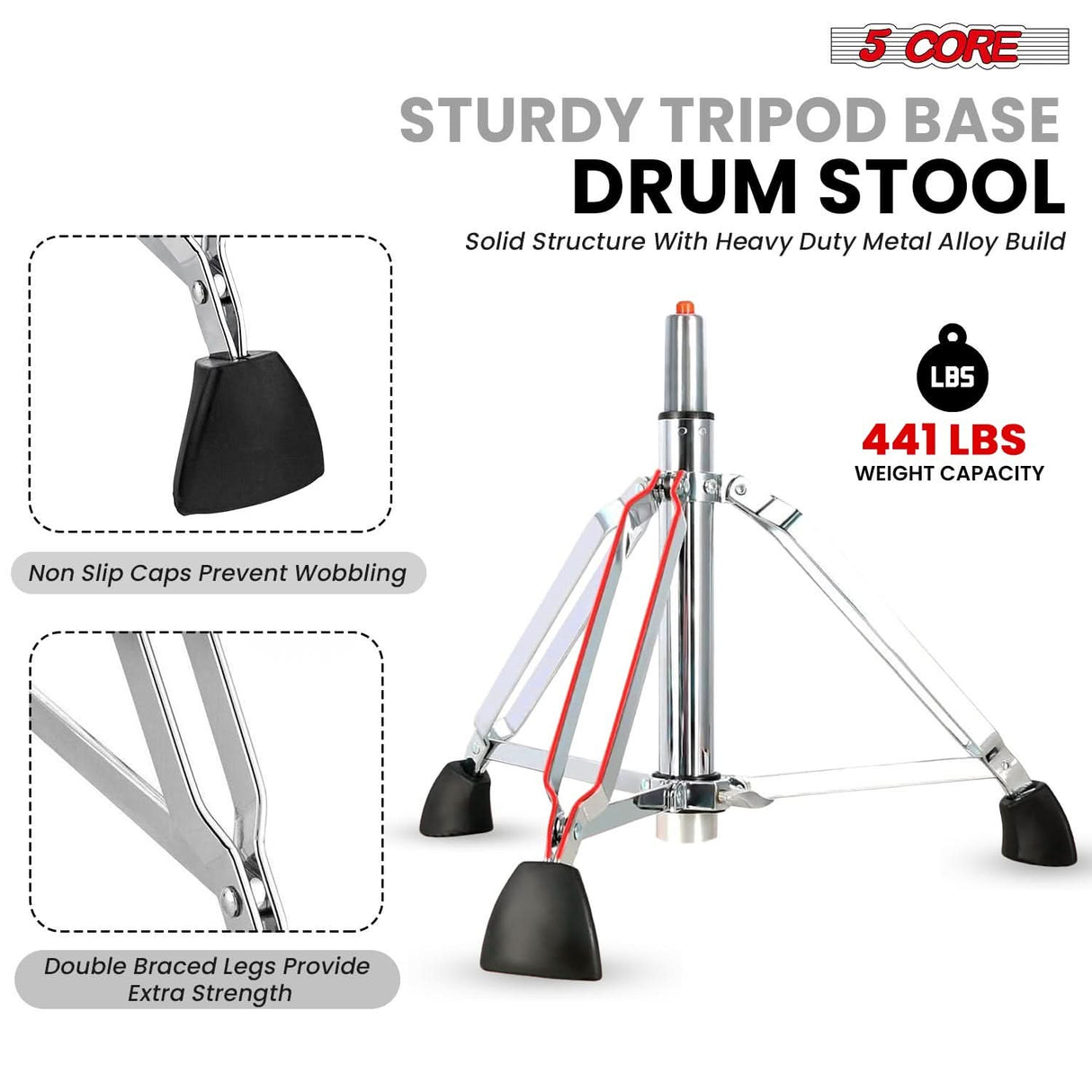 5 Core Drum Throne w Backrest 4" Padded Stool Airlift Adjustable 25.5" Drummer Chair 441Lb Capacity
