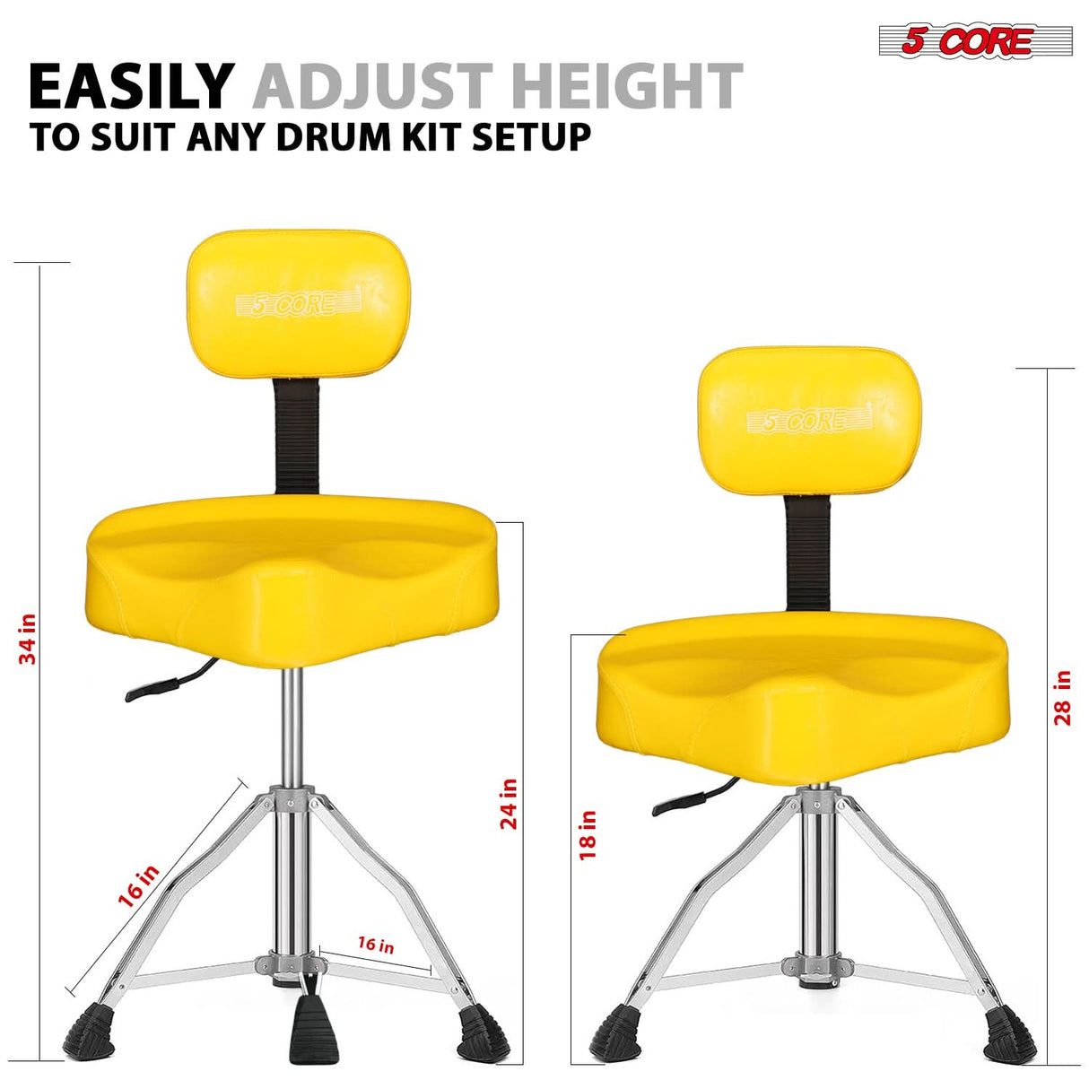 5Core Drum Throne 4" Cushion Padded Stool w Backrest Airlift Height Adjustable Chair w 441Lb Capcity