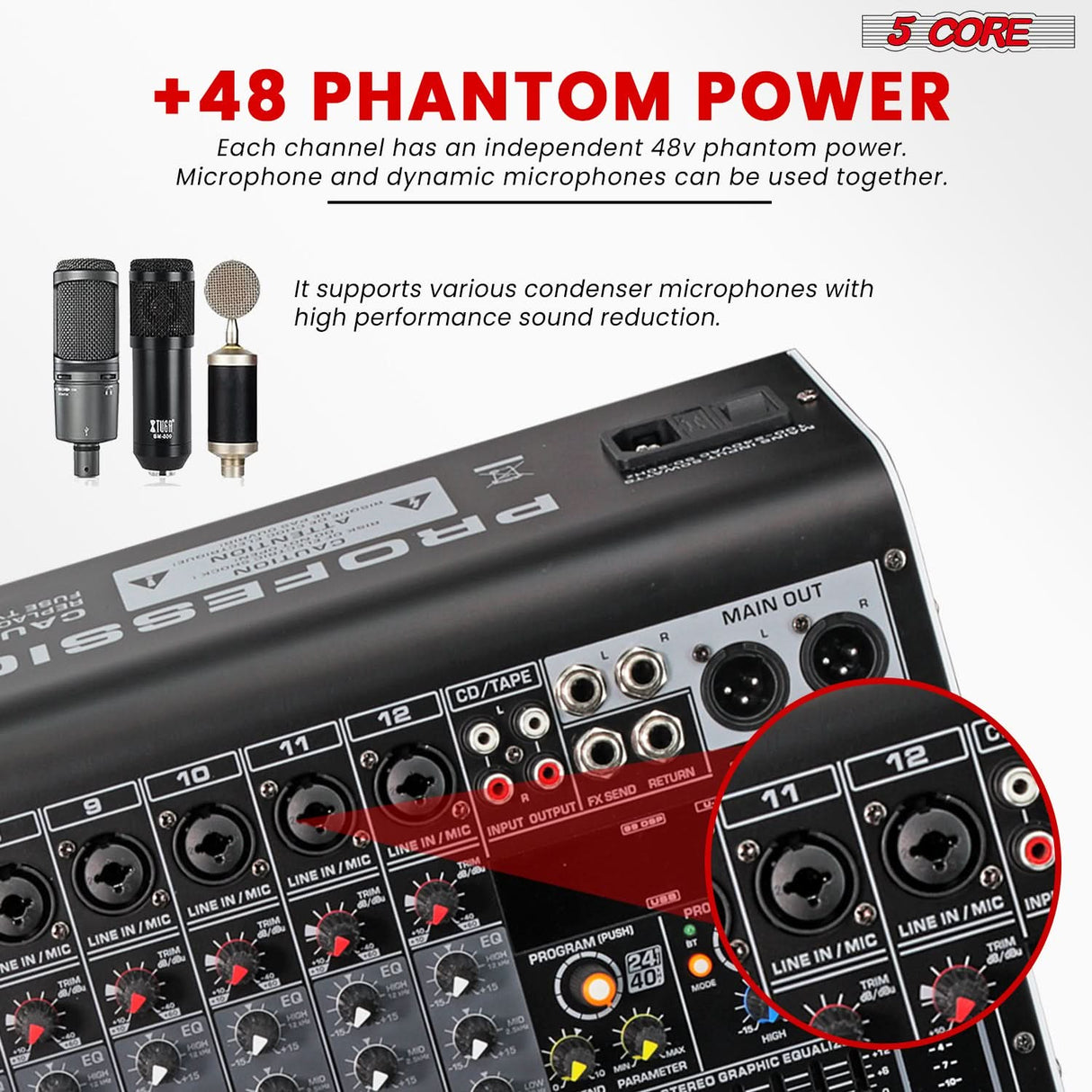 5 Core Audio Mixer 12 Channel DJ Soundboard USB Interface Bluetooth Mixing Console w 99 DSP Effect
