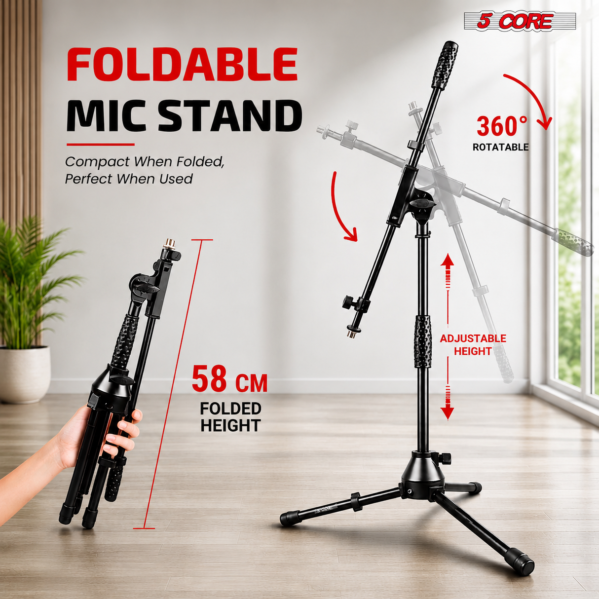 5 Core Mic Stand Floor Adjustable Short Tripod Microphone Stands w Telescoping Boom Arm