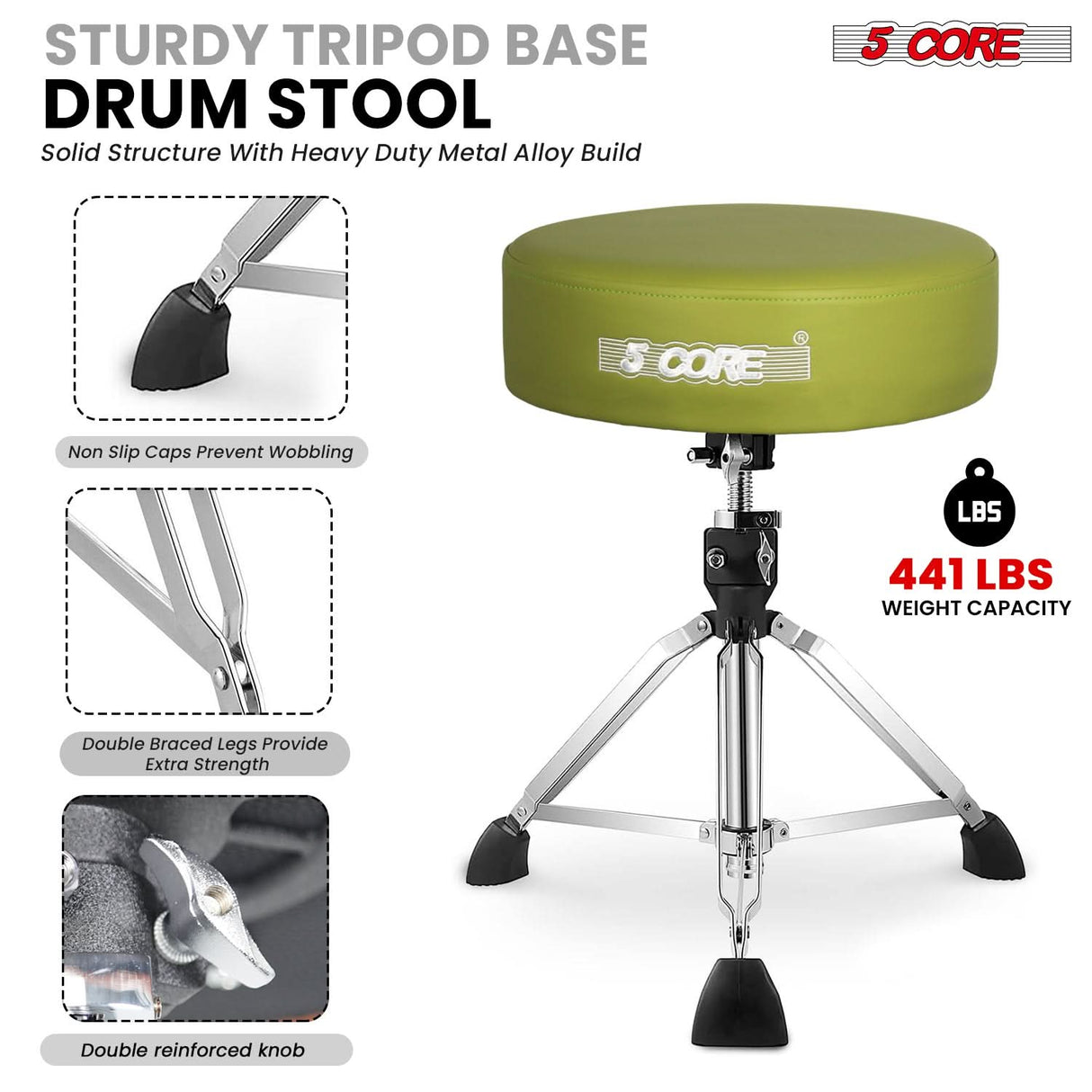 5 Core Drum Throne 4" Thick Padded Guitar Stool 441Lb Capacity 20-26” Adjustable Drummer Chair