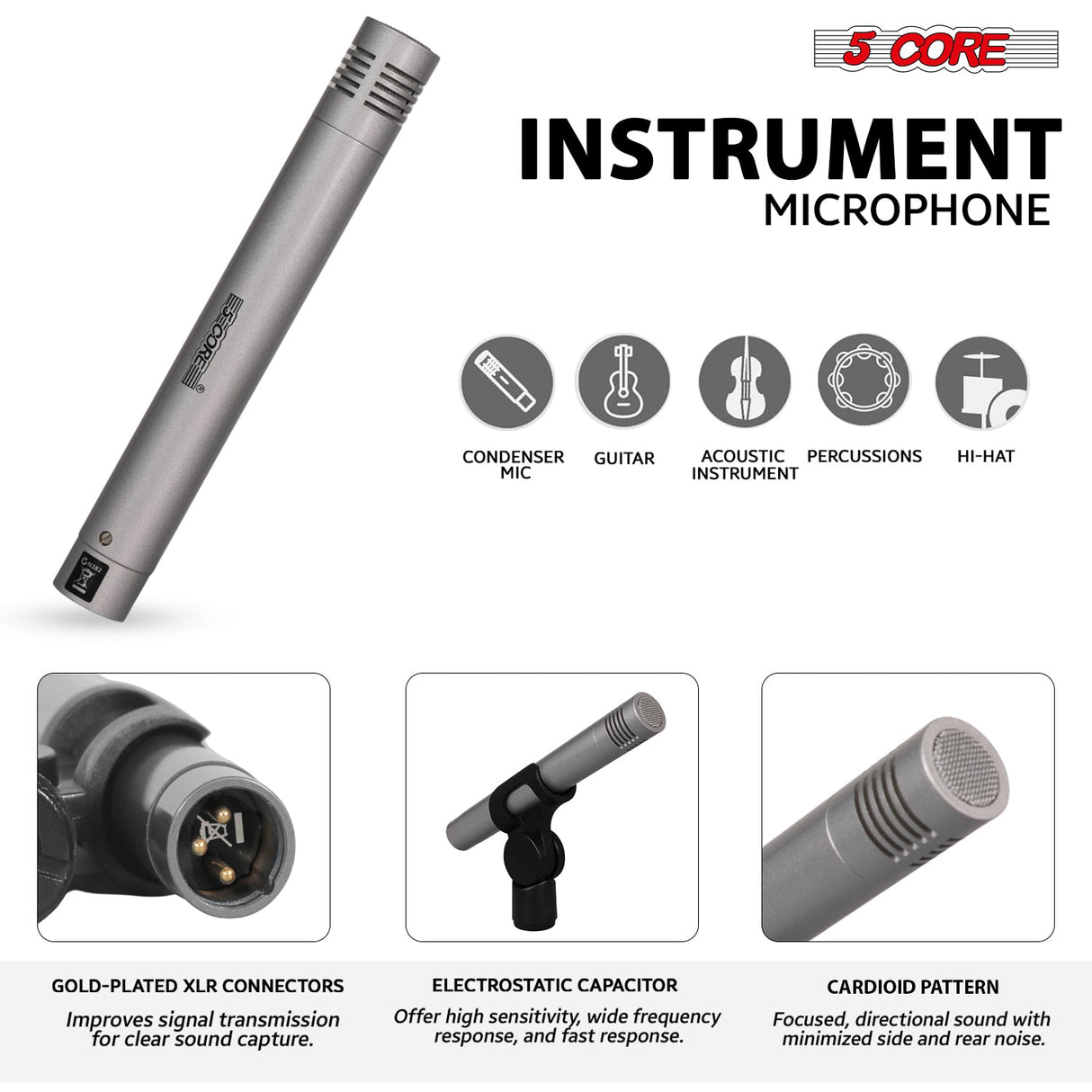 5 Core Drum Microphone Kit 9Pc All Metal Drummer Mics Tom/Snare & Cymbals Wired Instrument Drums Set