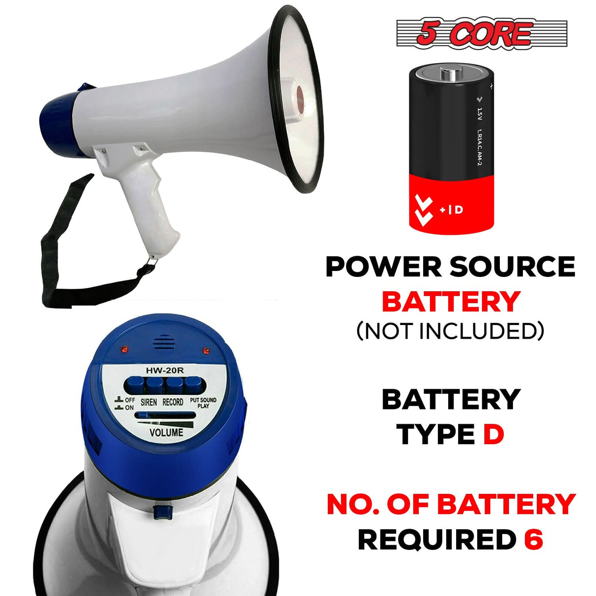 5 Core Megaphone 20W Bull Horn PA Speaker w 300 Yards Range Loud Siren Voice Amp Portable Megafono