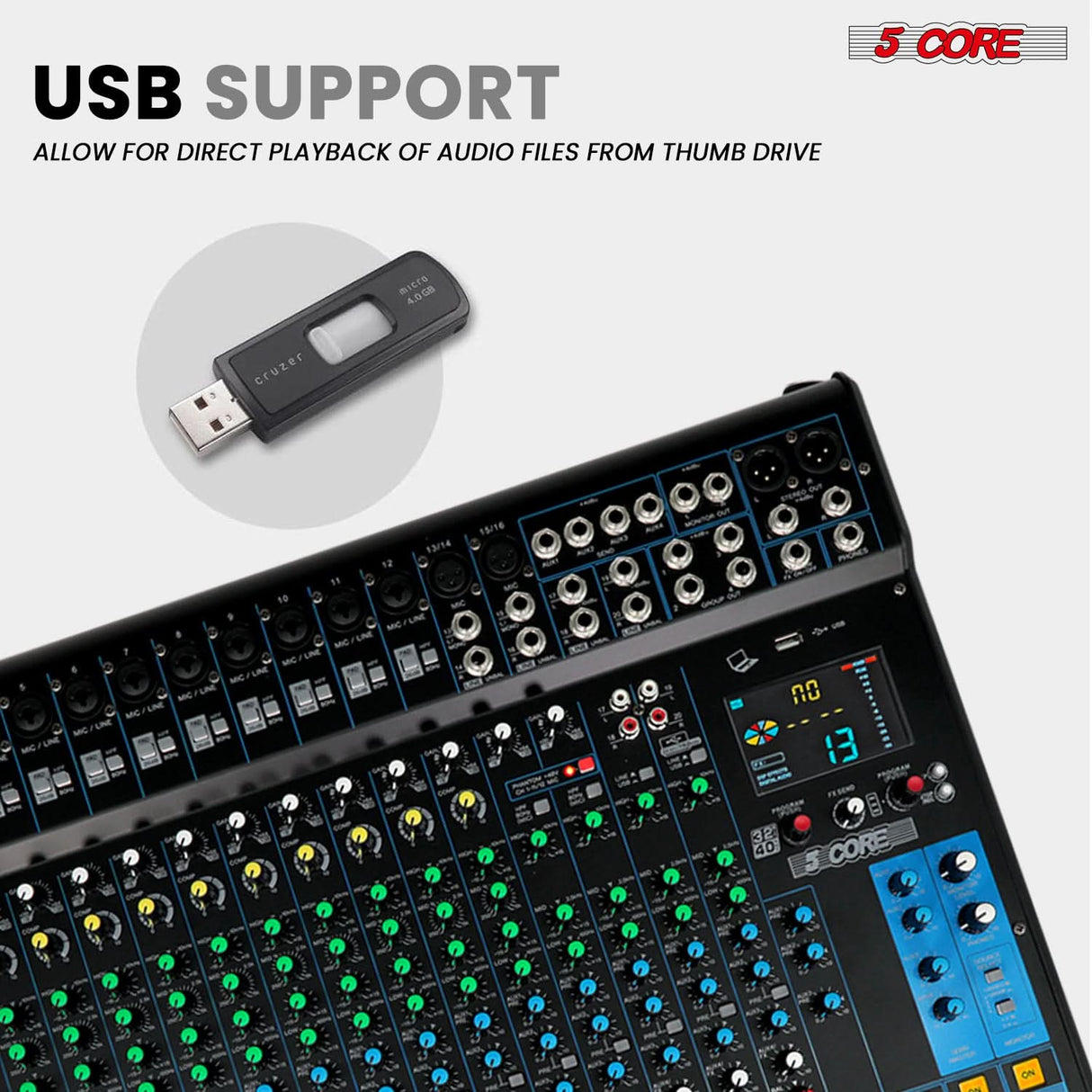 5 Core Audio Mixer 20 Channel DJ Soundboard USB Interface Bluetooth Mixing Console w 24 SPX Effect