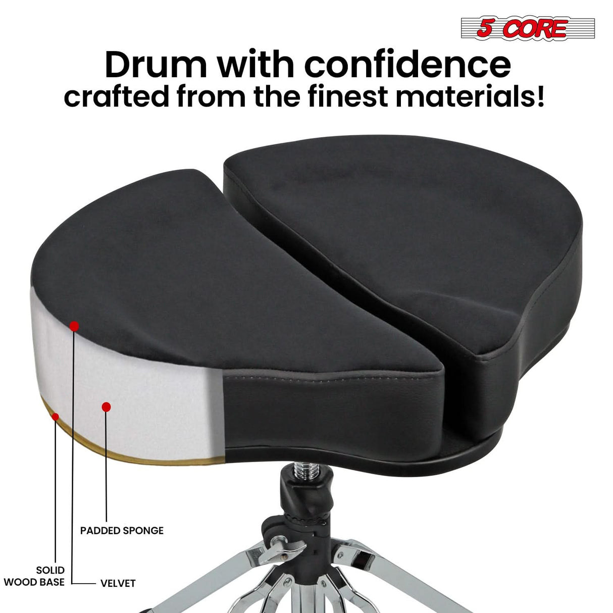 5 Core Drum Throne 5" Padded Split Spine Support 4 Legged 441Lb Capacity Drummer Stool