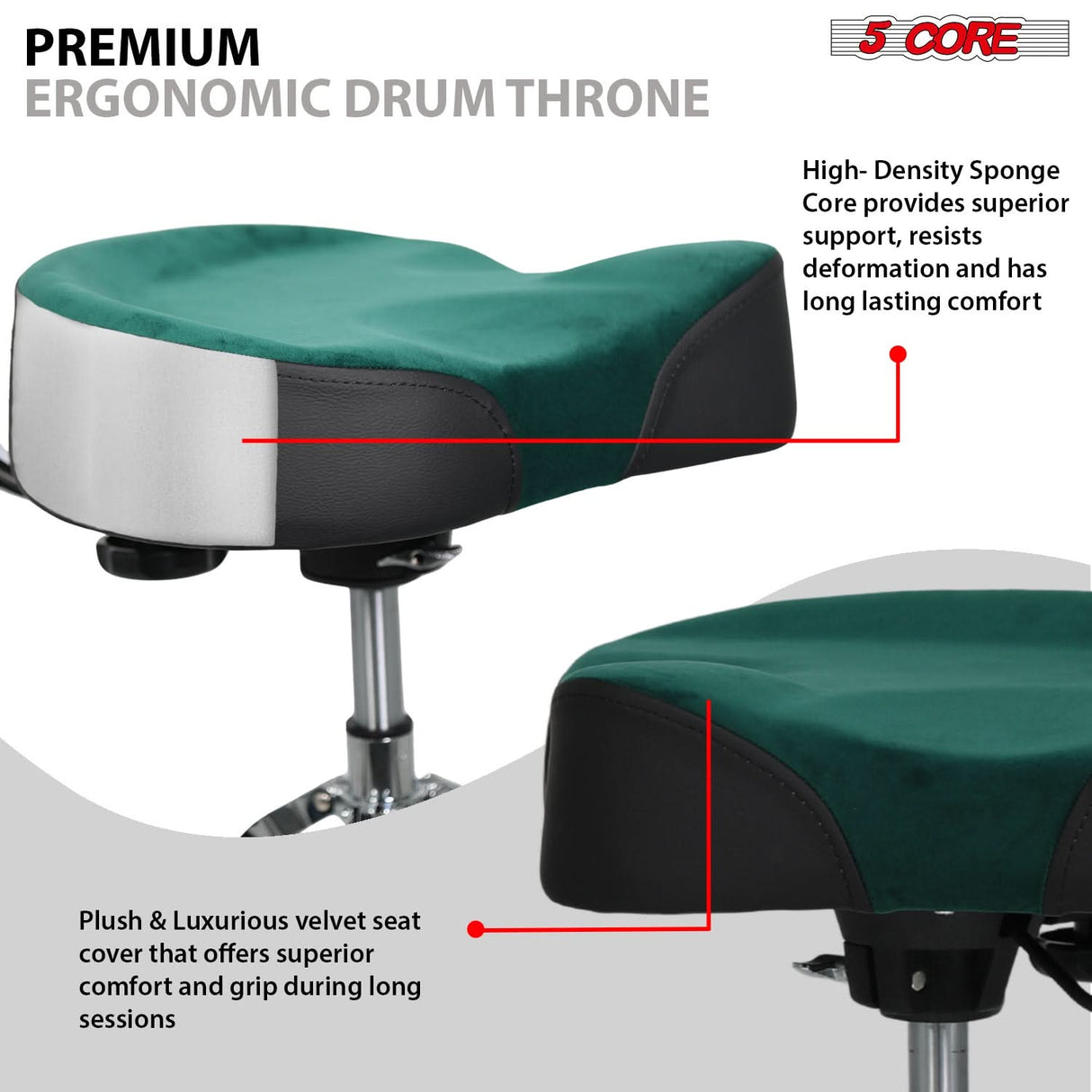 5 Core Drum Throne w Backrest 4" Padded Stool Airlift 25" Adjustable Drummer Stool 441Lb Capacity