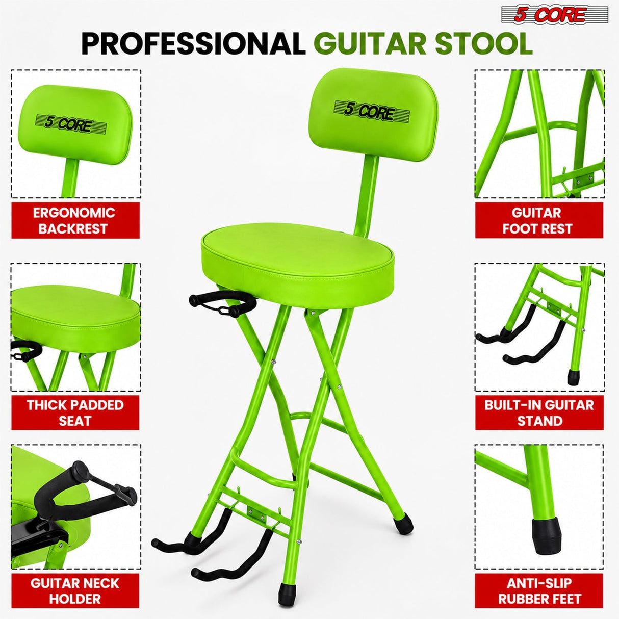 5Core Guitar Stool 3.15" Padded Chair w Backrest Foldable Music Seat Built in Foot Rest Guitar Stand
