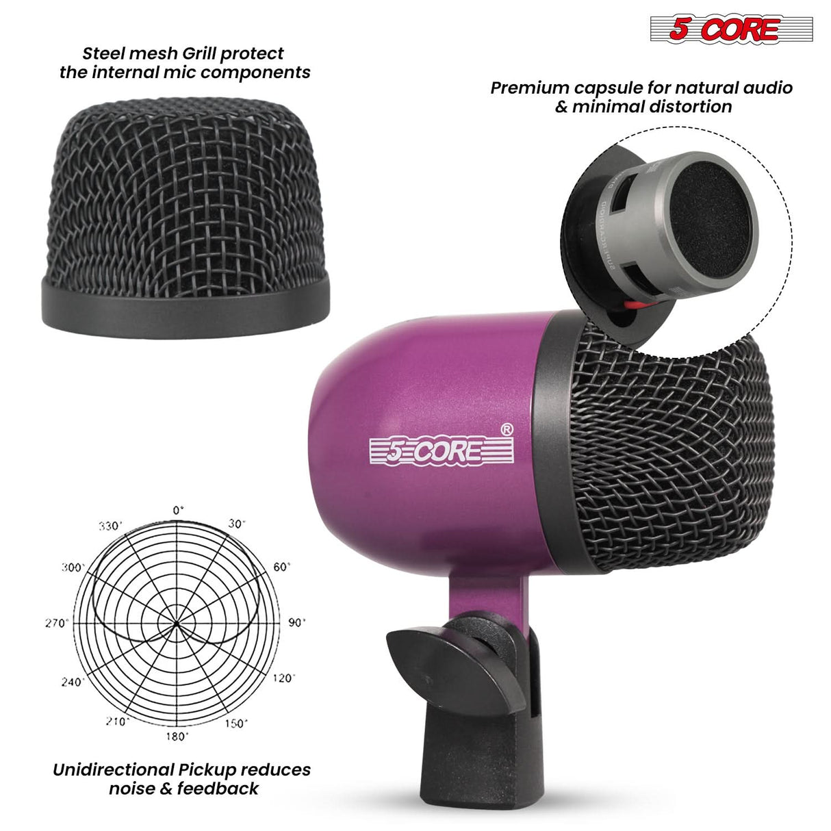 5 Core Drum Microphone Kit 9Pc All Metal Drummer Mics Tom/Snare & Cymbals Wired Instrument Drums Set