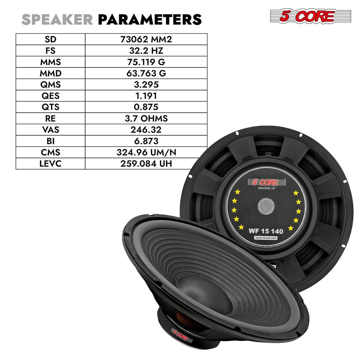 5 Core 15" Subwoofer Speaker 450W MAX PA DJ Replacement Audio Sub Woofer 8Ohm Bass Driver