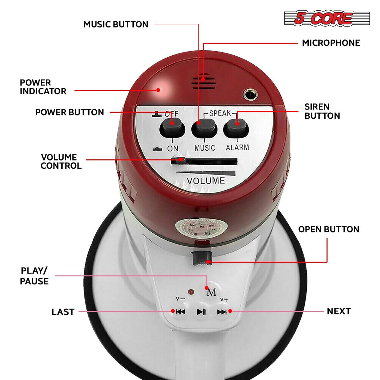 5 Core Megaphone 50W Bull Horn PA Speaker w 300M Range Loud Siren Voice Amplifier Portable