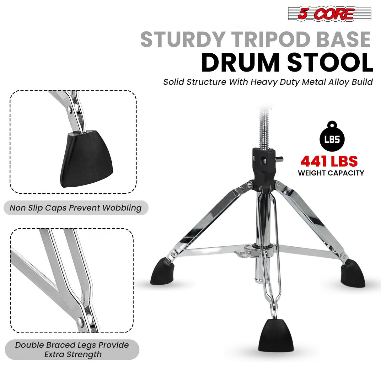 5 Core Drum Throne w Backrest 4" Padded Adjustable 26.5" Drummer Stool w Velvet Top 441Lb Capacity