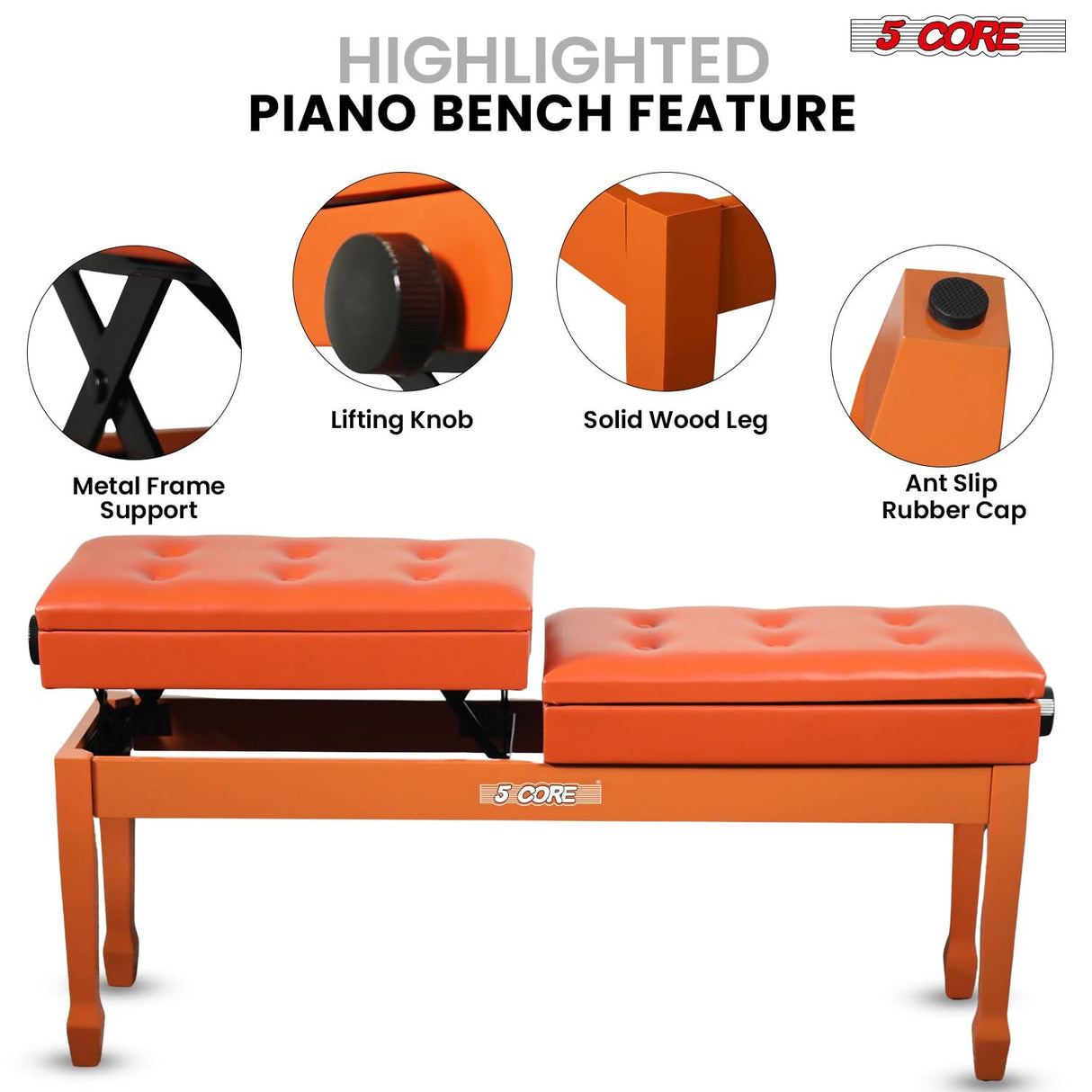 5 Core Duet Piano Bench 3.5 Inch Padded Cushioned Stool Wooden Heavy Duty Musician Chair w Storage