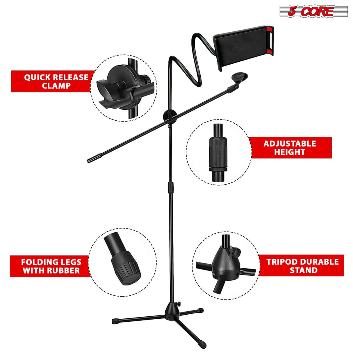 5 Core Tripod Mic Stand w Phone Holder Height Adjustable Microphone Mount Stands