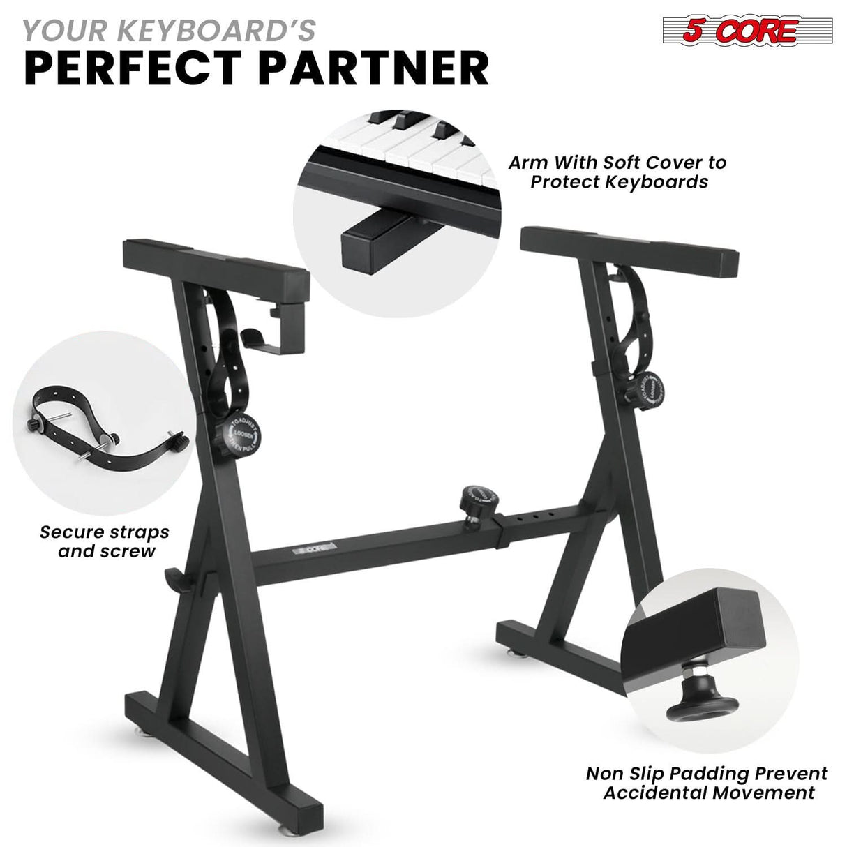 5Core Keyboard Stand Adjustable Height 34.5" Width 32.5” Z Style Electric Piano Riser 250Lb Capacity