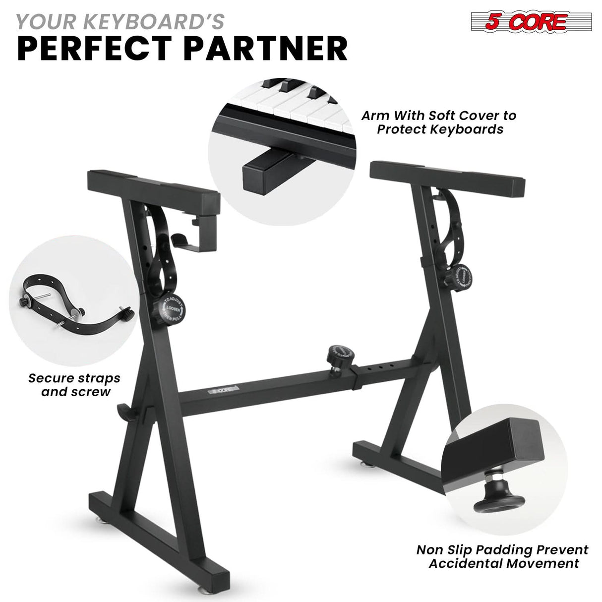 5Core Keyboard Stand Adjustable Height 34.5" Width 32.5” Z Style Electric Piano Riser 250Lb Capacity