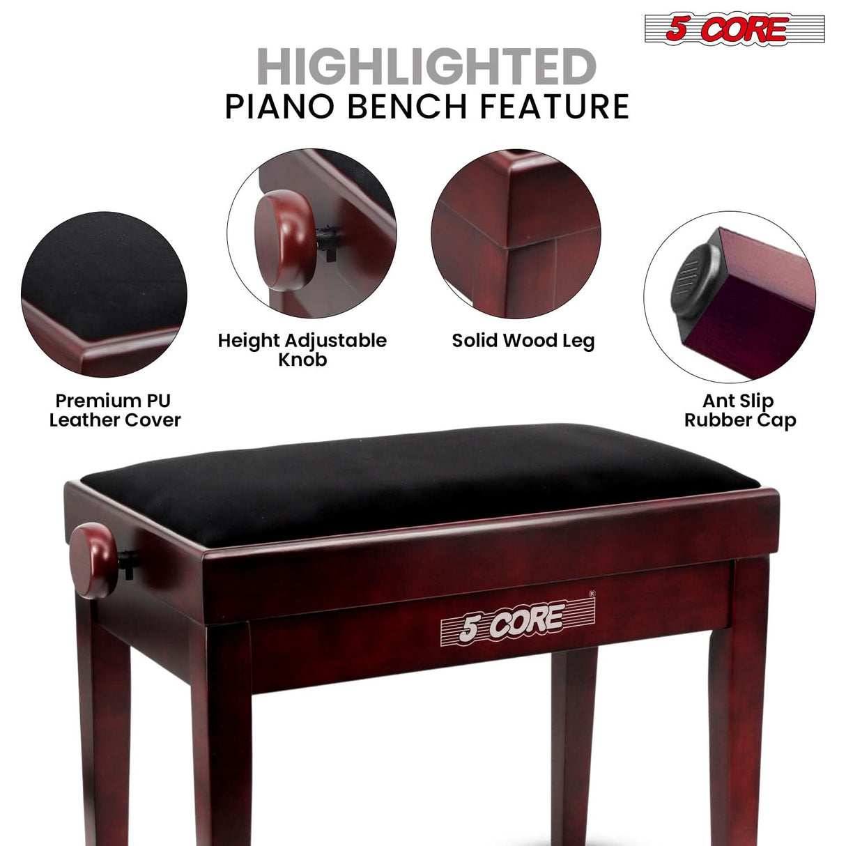 5 Core Adjustable Piano Bench Thick 3.25" Solid Wood Keyboard Stool Heavy Duty Musician Chair