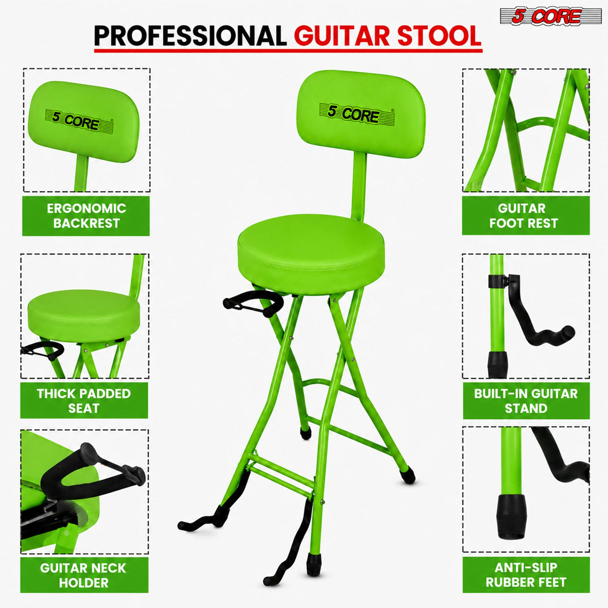 5Core Guitar Stool 3.15" Padded Chair w Backrest Foldable Music Seat Built in Foot Rest Guitar Stand