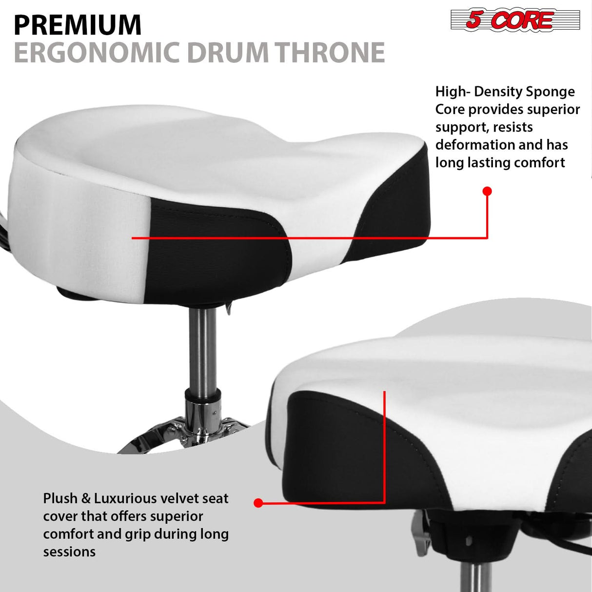 5 Core Drum Throne w Backrest 4" Padded Stool Airlift 25" Adjustable Drummer Stool 441Lb Capacity