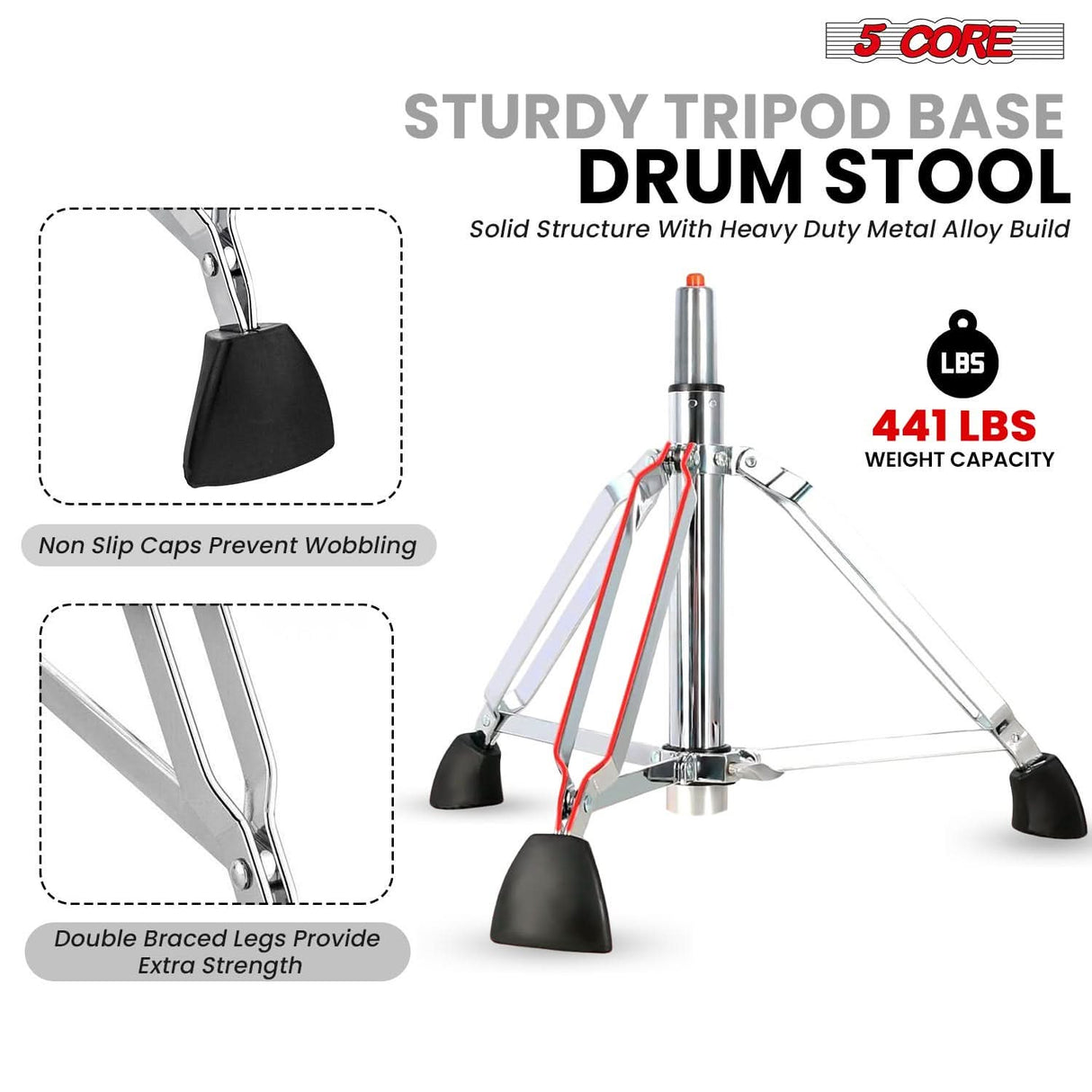 5 Core Drum Throne w Backrest 4" Padded Stool Airlift 25" Adjustable Drummer Stool 441Lb Capacity