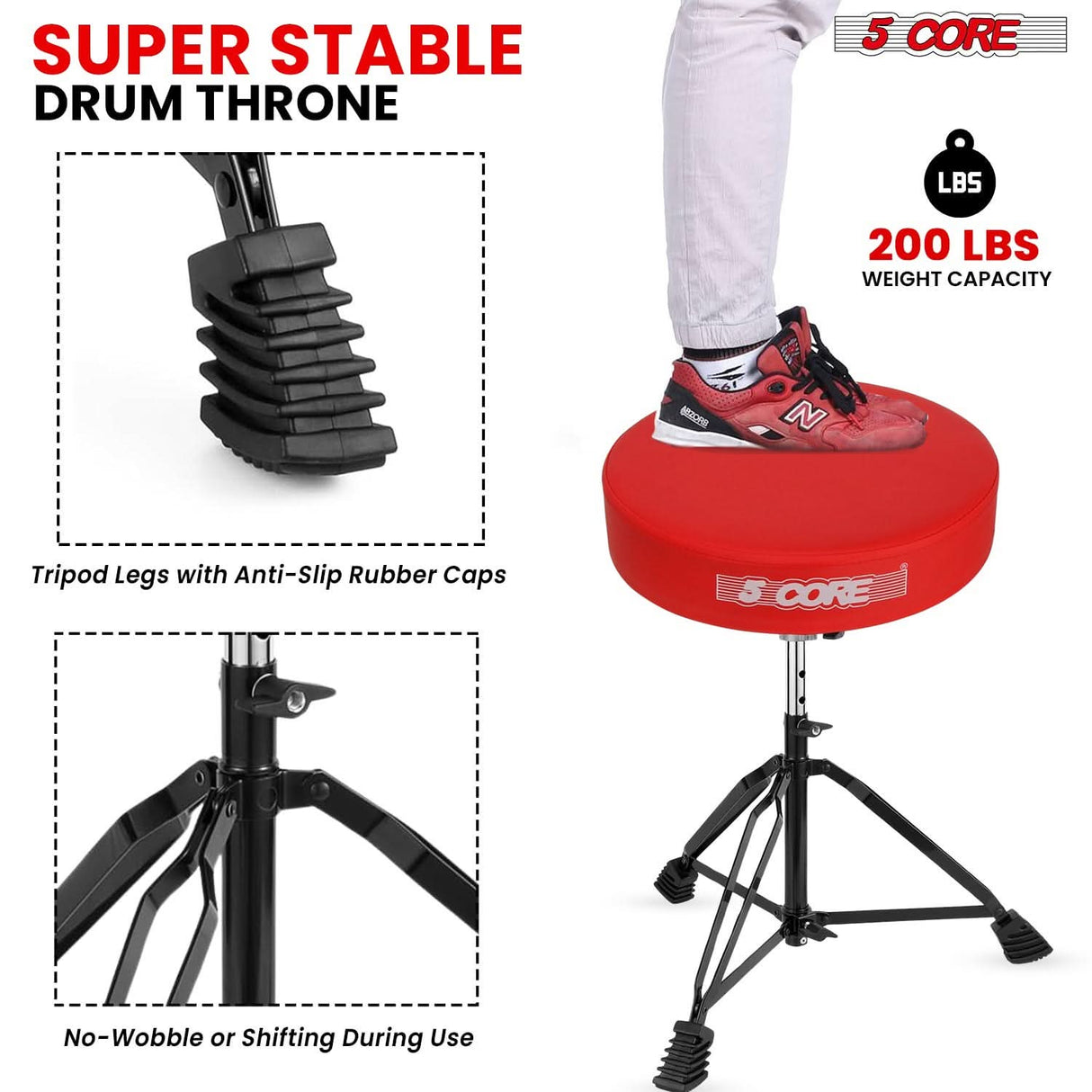 Red cushioned drum throne for guitarists and drummers by 5Core