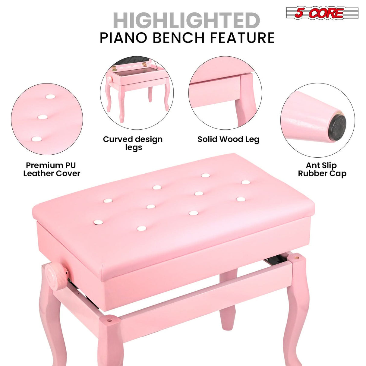5 Core Piano Bench 3" Padded Cushioned Stool Wooden Heavy Duty Adjustable Musician Chair w Storage