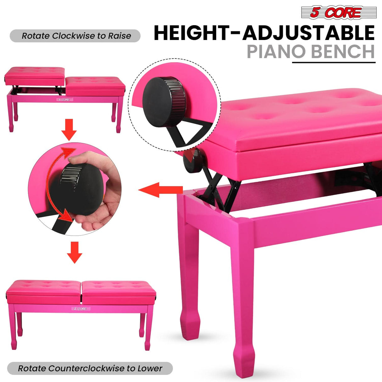 5 Core Duet Piano Bench 3.5 Inch Padded Cushioned Stool Wooden Heavy Duty Musician Chair w Storage