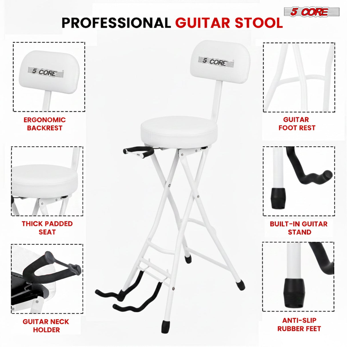 5 Core Guitar Stool w Backrest 3.15" Padded Chair Foldable Music Seat Built in Foot Rest Guitar Stand
