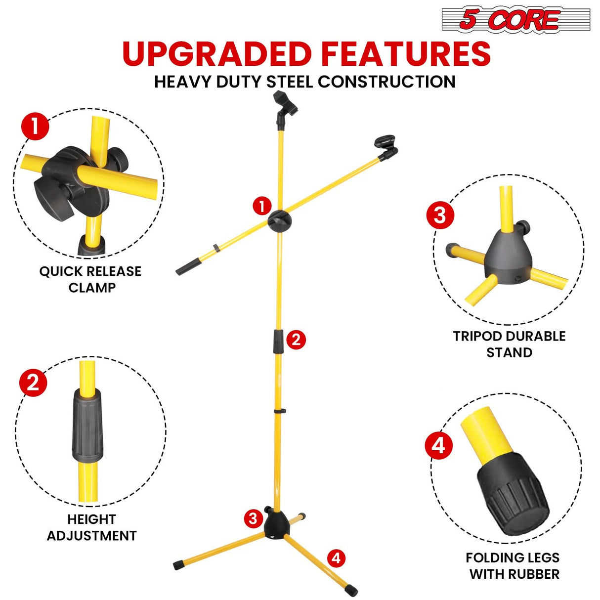 5 Core Microphone Stand Floor 2 Mic Clips Universal Height Adjustable Tripod Mic Stands w Boom Arm