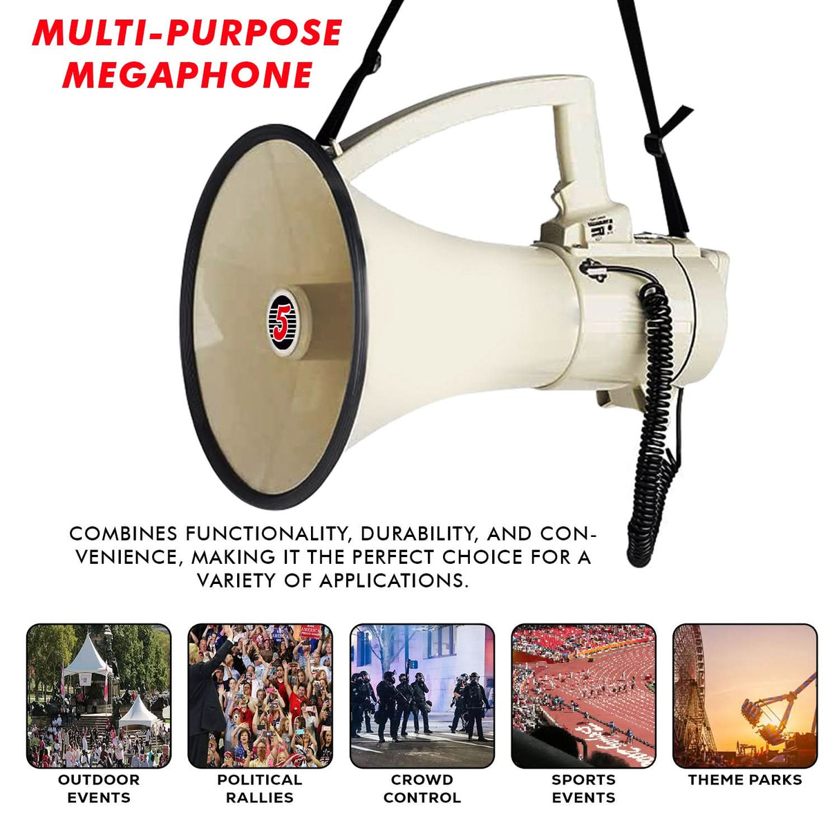 5 Core Megaphone 100W Bull Horn Professional PA Speaker w 2000 Yards Range Loud Siren Voice Amp