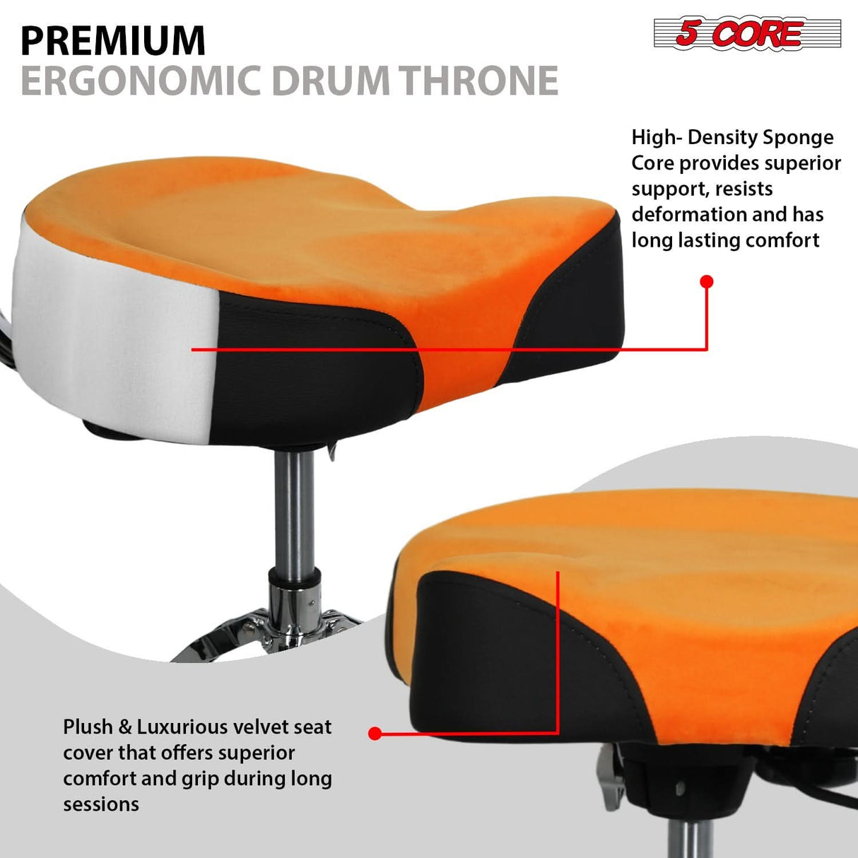 5 Core Drum Throne w Backrest 4" Padded Stool Airlift 25" Adjustable Drummer Stool 441Lb Capacity