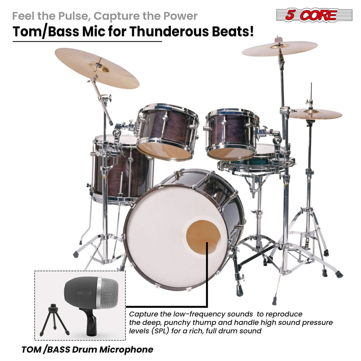 5 Core Kick Drum Microphone Cardioid Dynamic Bass Mic Swivel Adjustable Durable Steel Mesh Grille