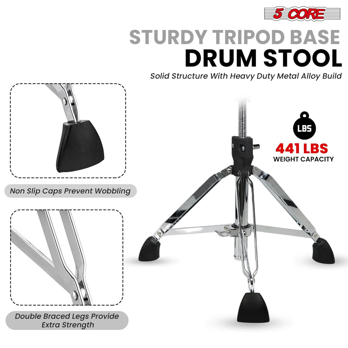 5 Core Drum Throne w Backrest 4" Padded Adjustable 26.5" Drummer Stool w Velvet Top 441Lb Capacity