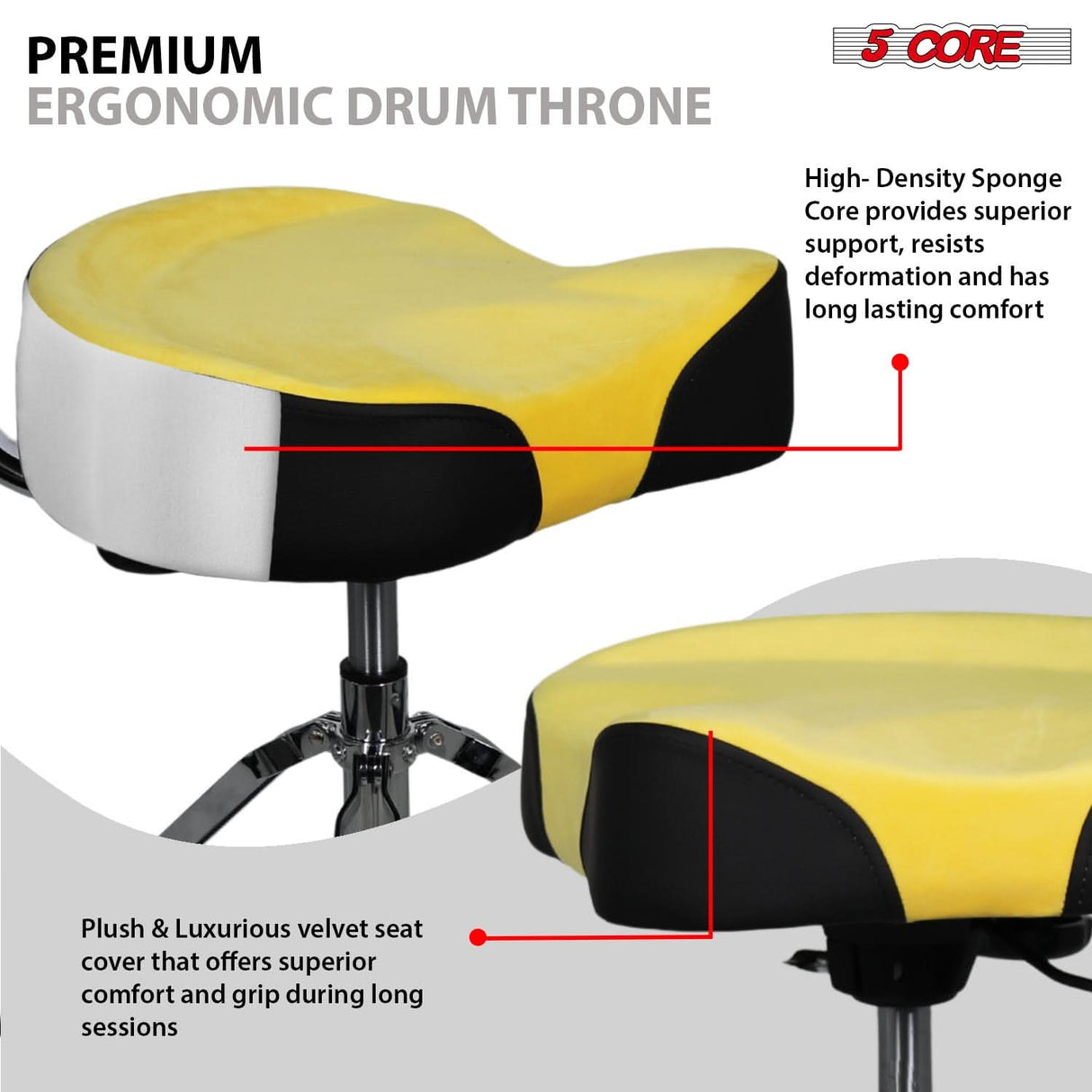 5 Core Drum Throne w Backrest 4" Padded Stool Airlift 25" Adjustable Drummer Stool 441Lb Capacity