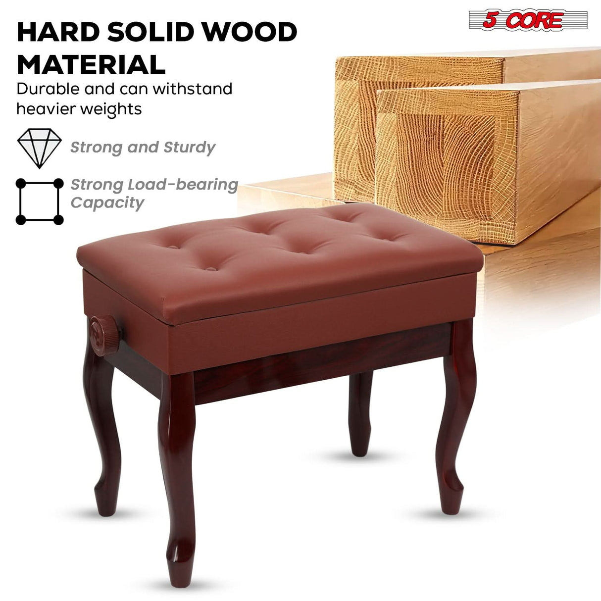 5 Core Piano Bench 3" Padded Cushioned Stool Wooden Heavy Duty Adjustable Musician Chair w Storage