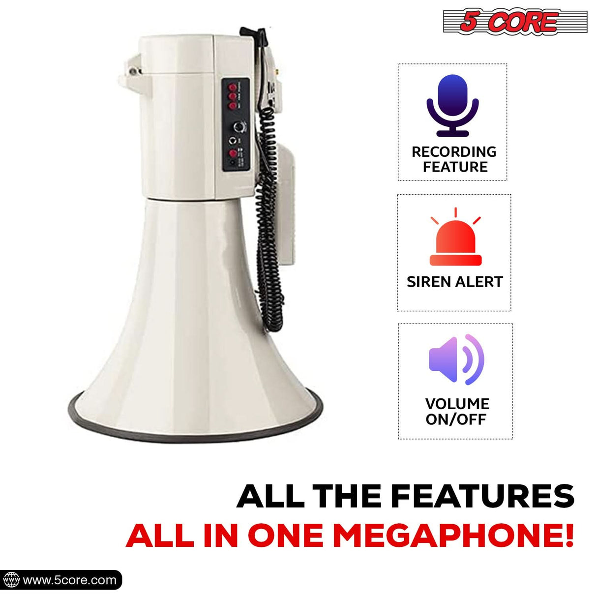 5Core Megaphone Bullhorn Speaker 100W Professional Bull Horn Battery Power Megafono 2000Yard Range