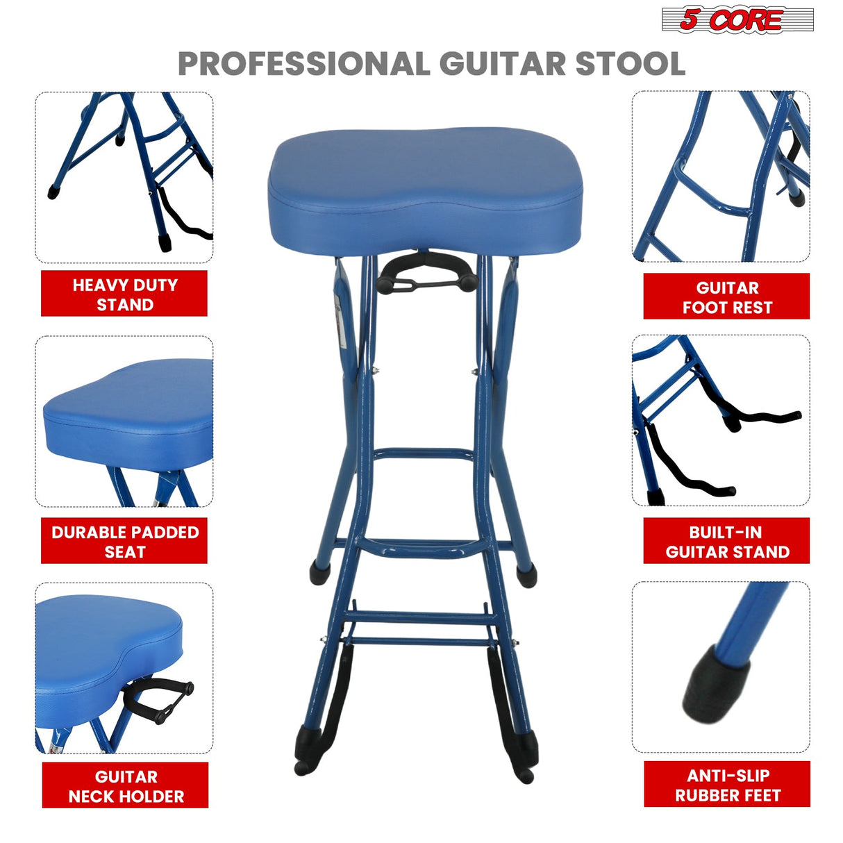 5 Core Guitar Stool 3.15" Padded Chair Foldable Music Seat w Built in Foot Rest Guitar Stand