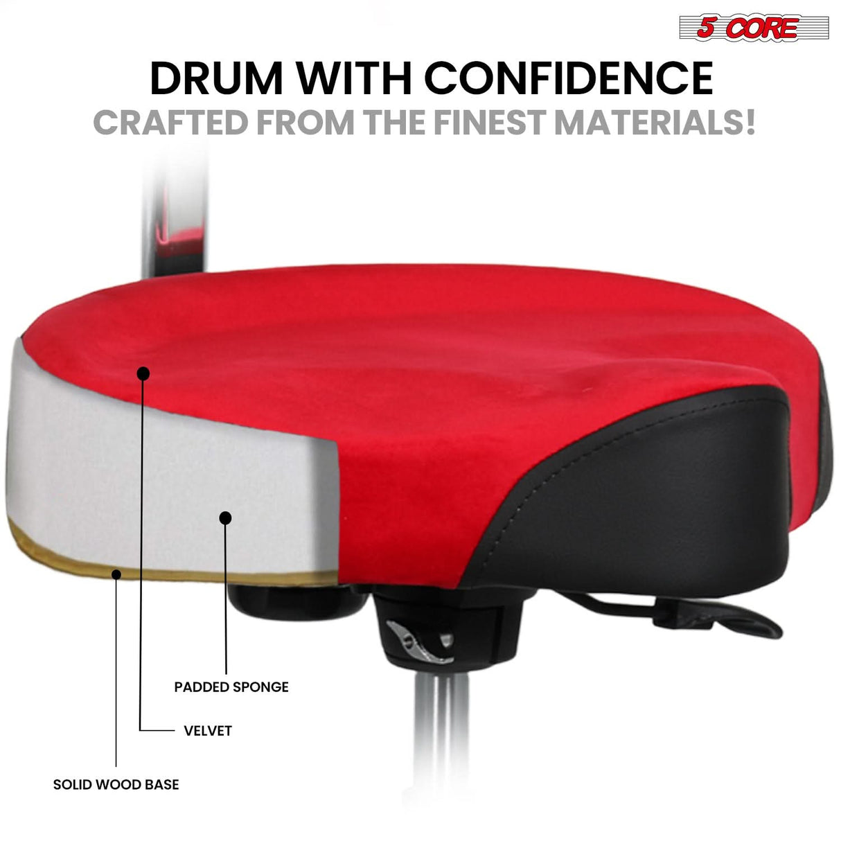 5 Core Drum Throne w Backrest 4" Padded Stool Airlift 25" Adjustable Drummer Stool 441Lb Capacity