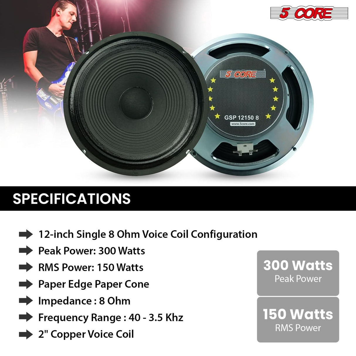5 Core 12 Inch Guitar Speaker 300W Replacement 8 Ohm Amplifier Cabinet Driver