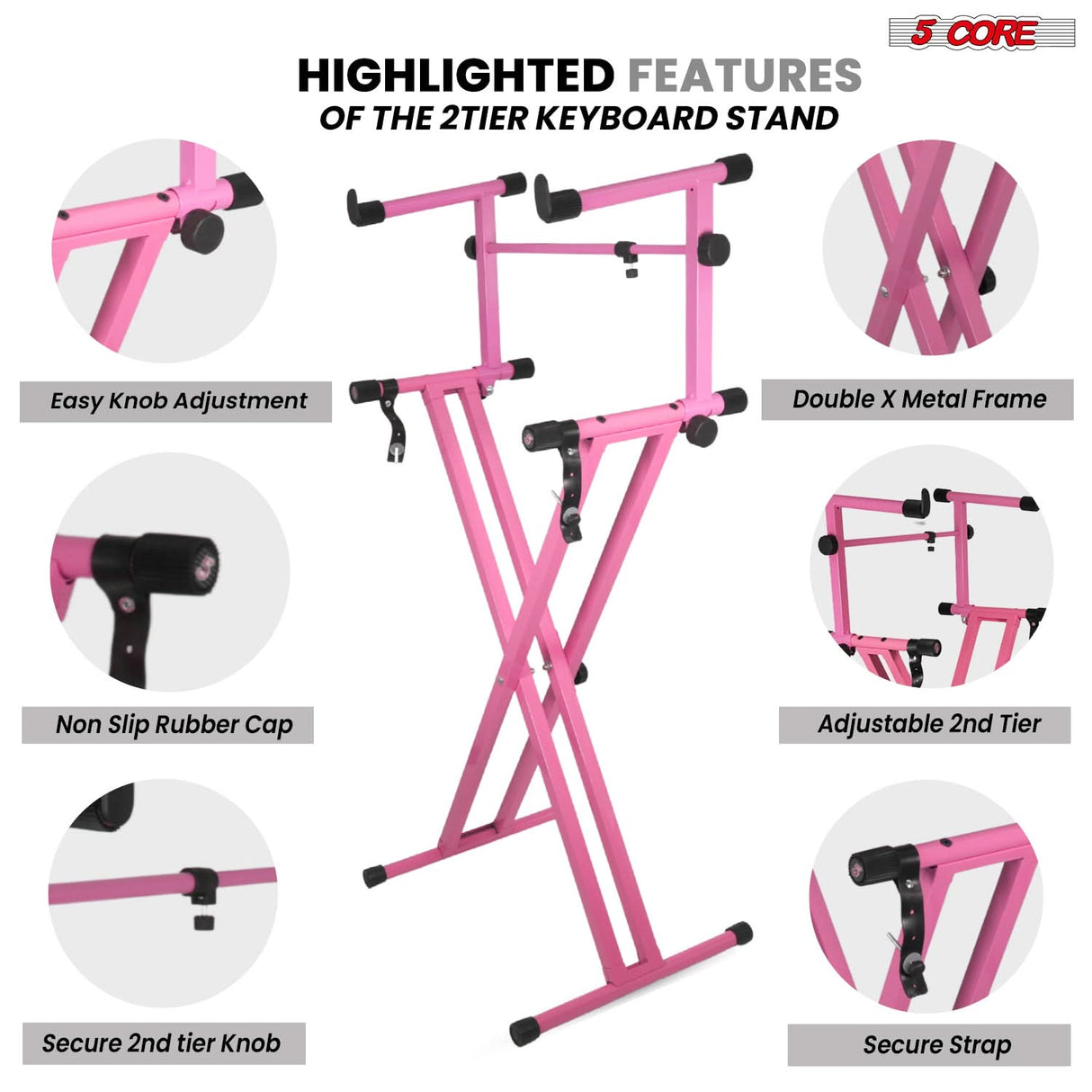 5 Core 2 Tier Keyboard Stand Combo Heavy Duty Adjustable Piano Stand with Extension Arm