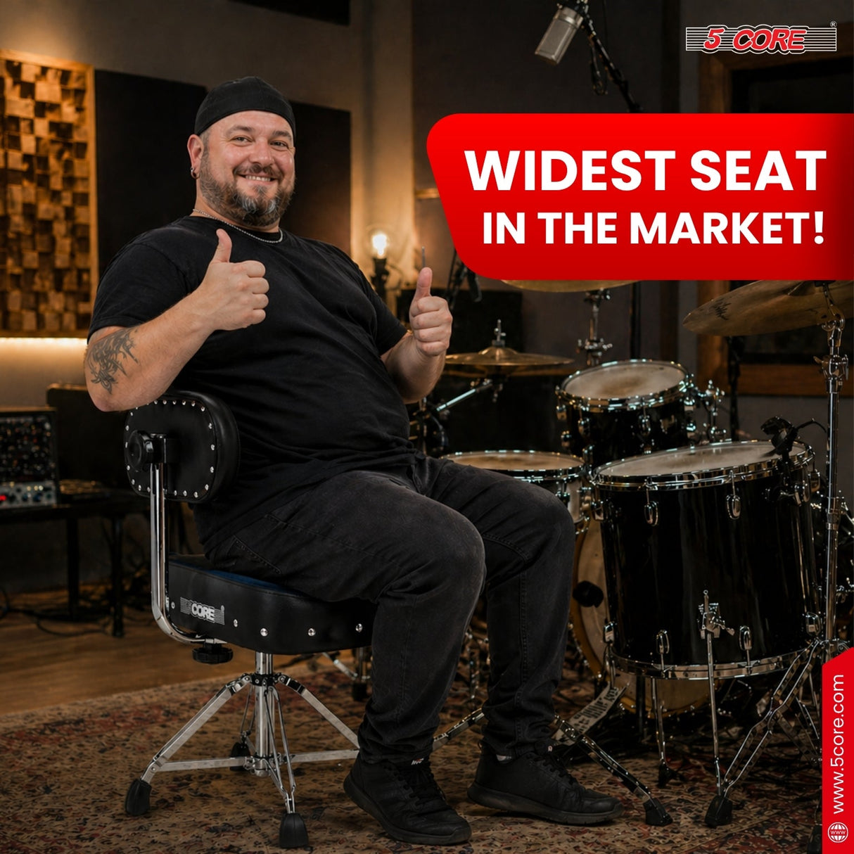 5 Core Drum Throne w Backrest 4" Padded Stool Airlift Adjustable Drummer Chair