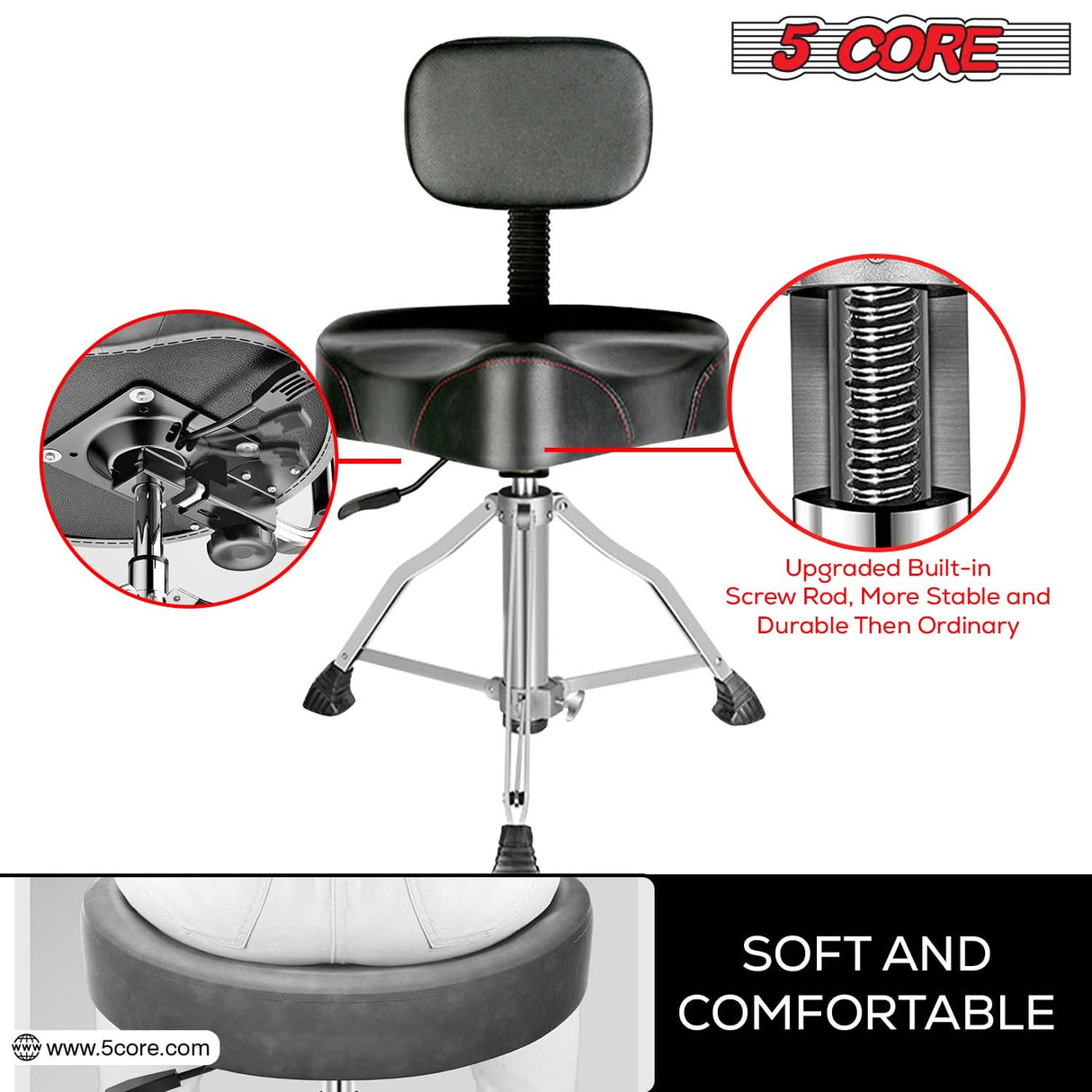 5Core Drum Throne 4" Cushion Padded Stool w Backrest Airlift Height Adjustable Chair w 441Lb Capcity