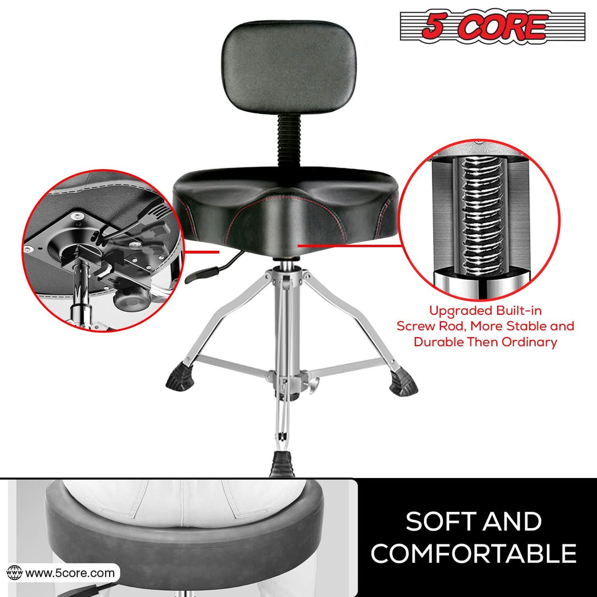 5Core Drum Throne 4" Cushion Padded Stool w Backrest Airlift Height Adjustable Chair w 441Lb Capcity
