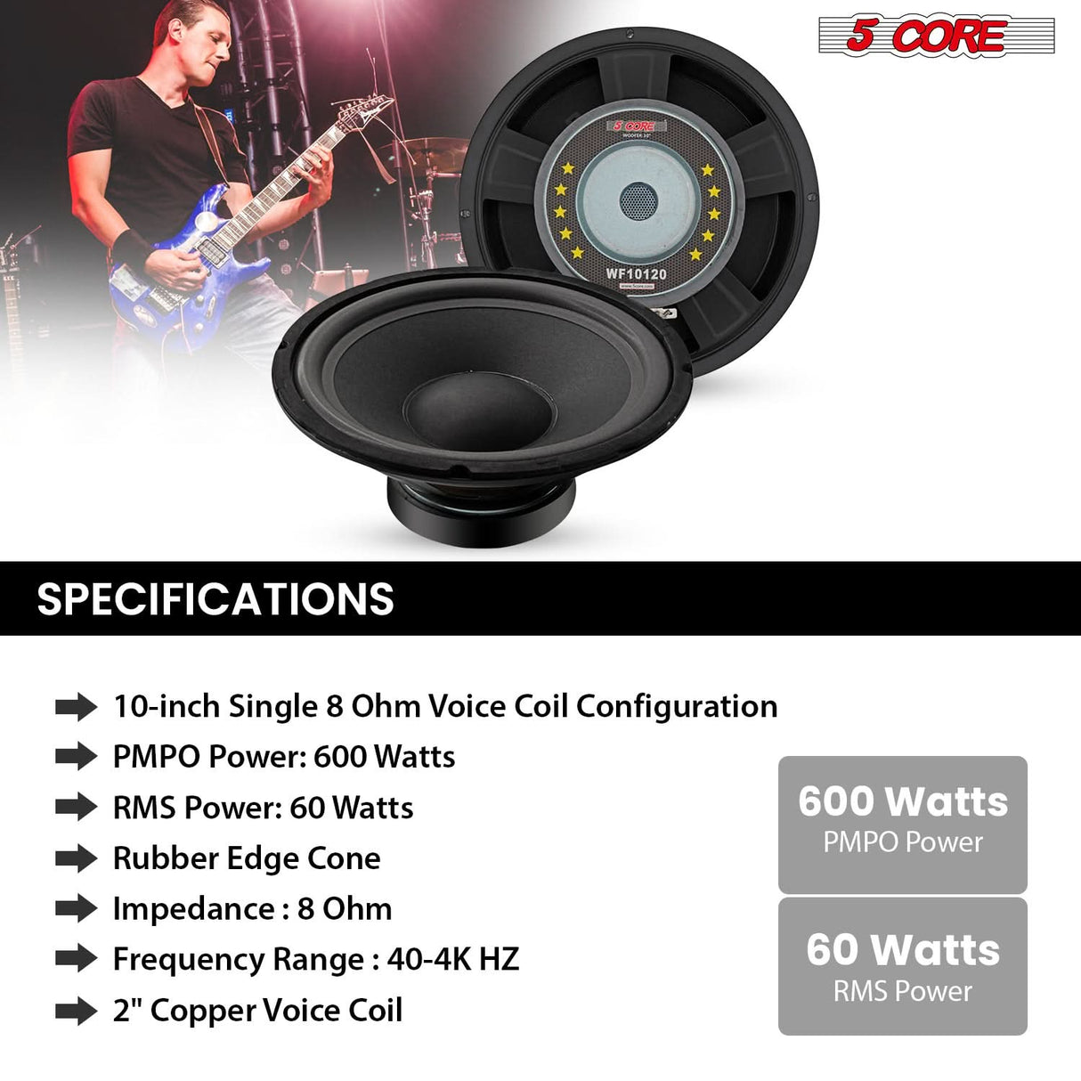 5 Core 10 Inch Guitar Speaker Replacement 600W 8 Ohm Low Distortion for Electric Guitar Amp Cabinet
