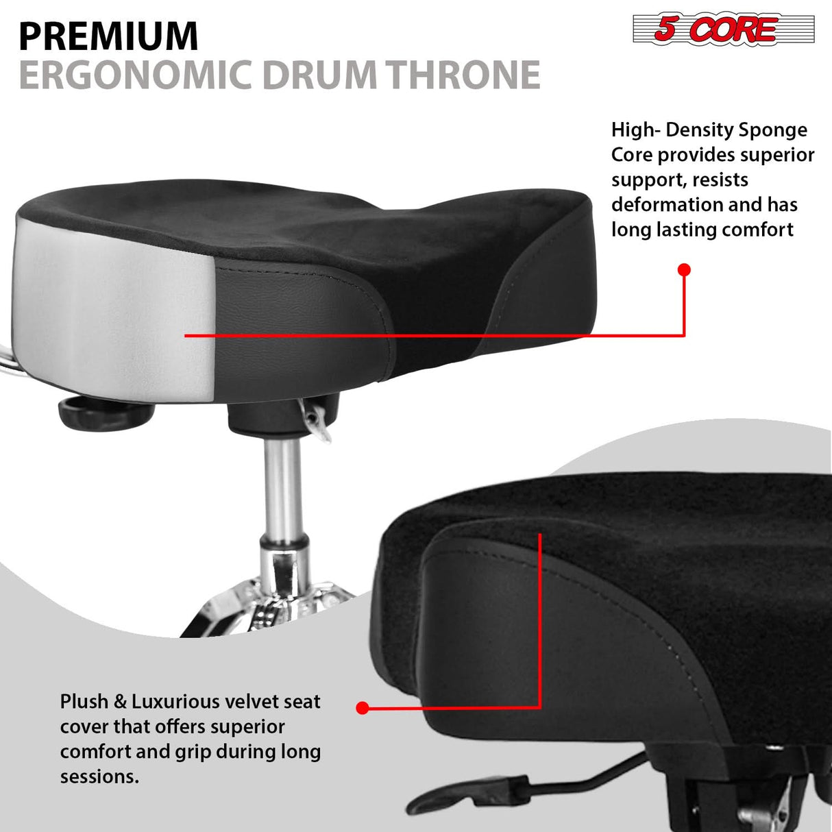 5 Core Drum Throne w Backrest 4" Padded Stool Airlift 25" Adjustable Drummer Stool 441Lb Capacity
