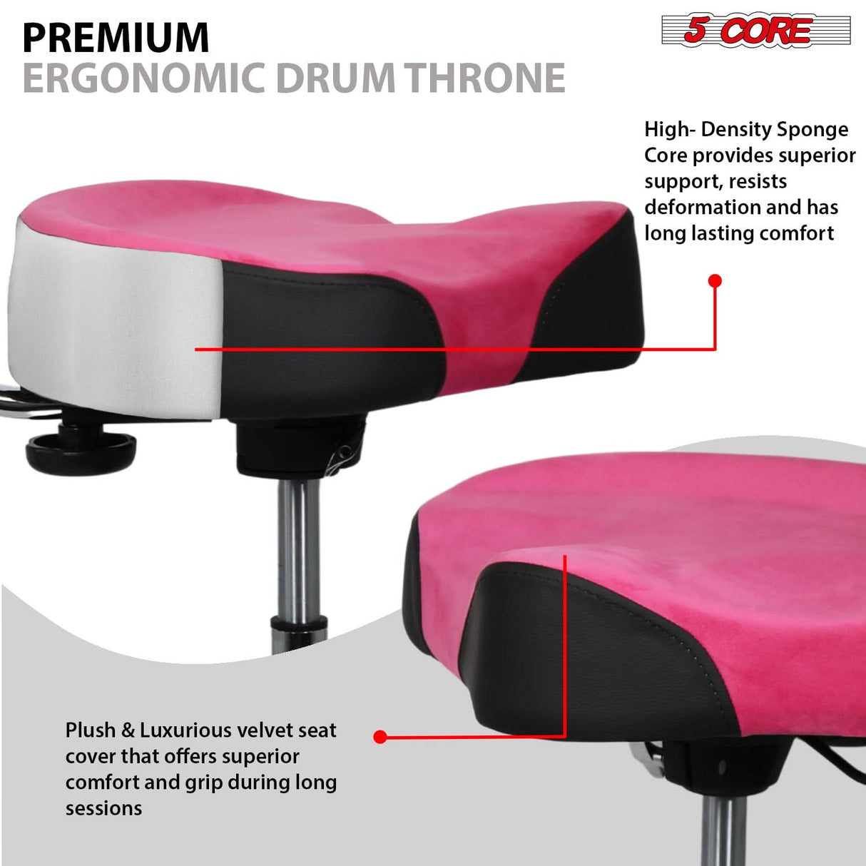 5 Core Drum Throne w Backrest 4" Padded Stool Airlift 25" Adjustable Drummer Stool 441Lb Capacity