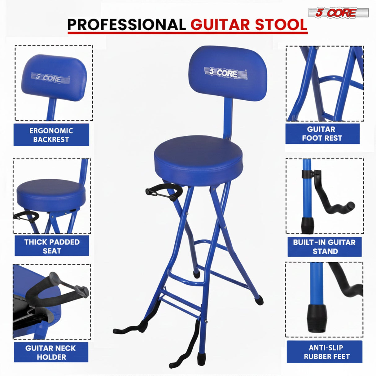 5 Core Guitar Stool w Backrest 3.15" Padded Chair Foldable Music Seat Built in Foot Rest Guitar Stand